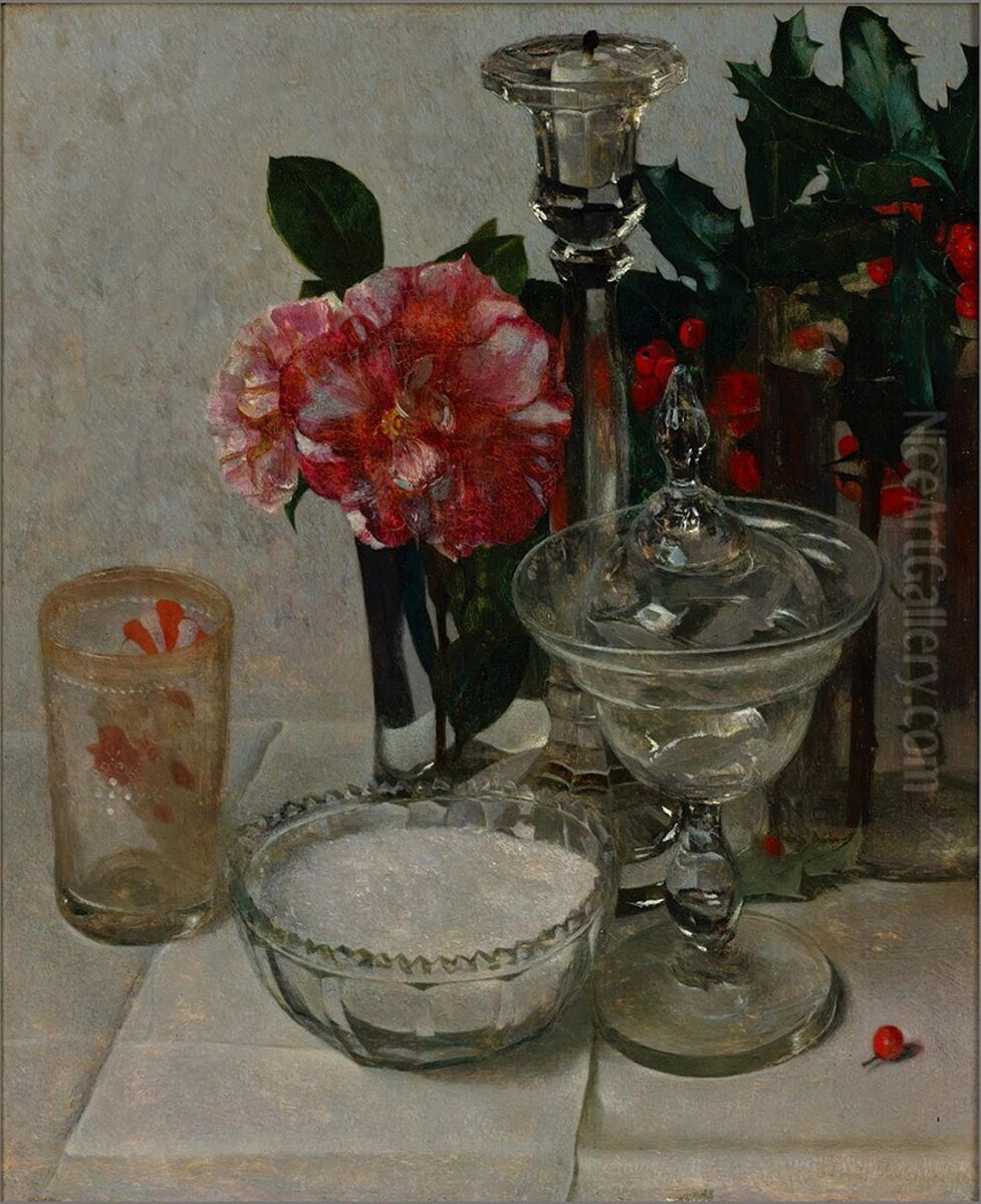 Stilleven met camelia's en kristallen schaaltje Oil Painting by Floris Verster
