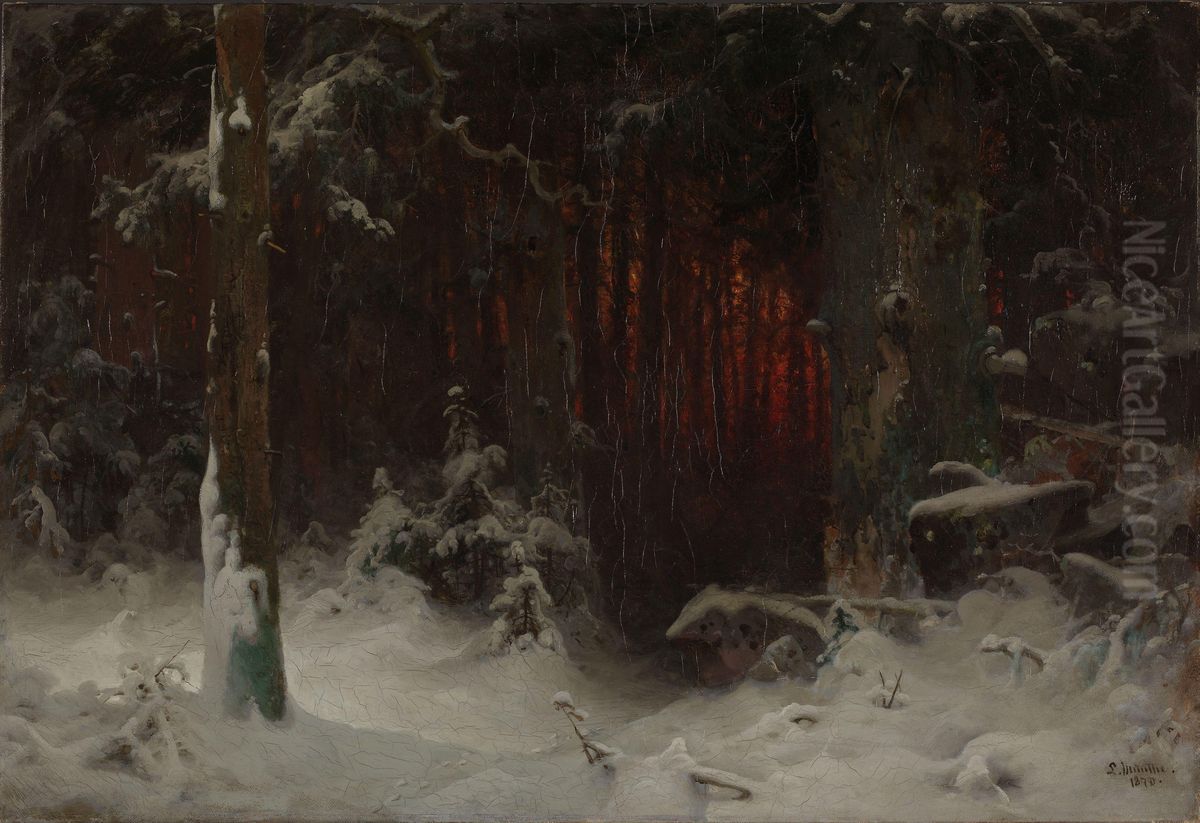 Wooded Landscape in Snow Oil Painting by Ludvig Munthe