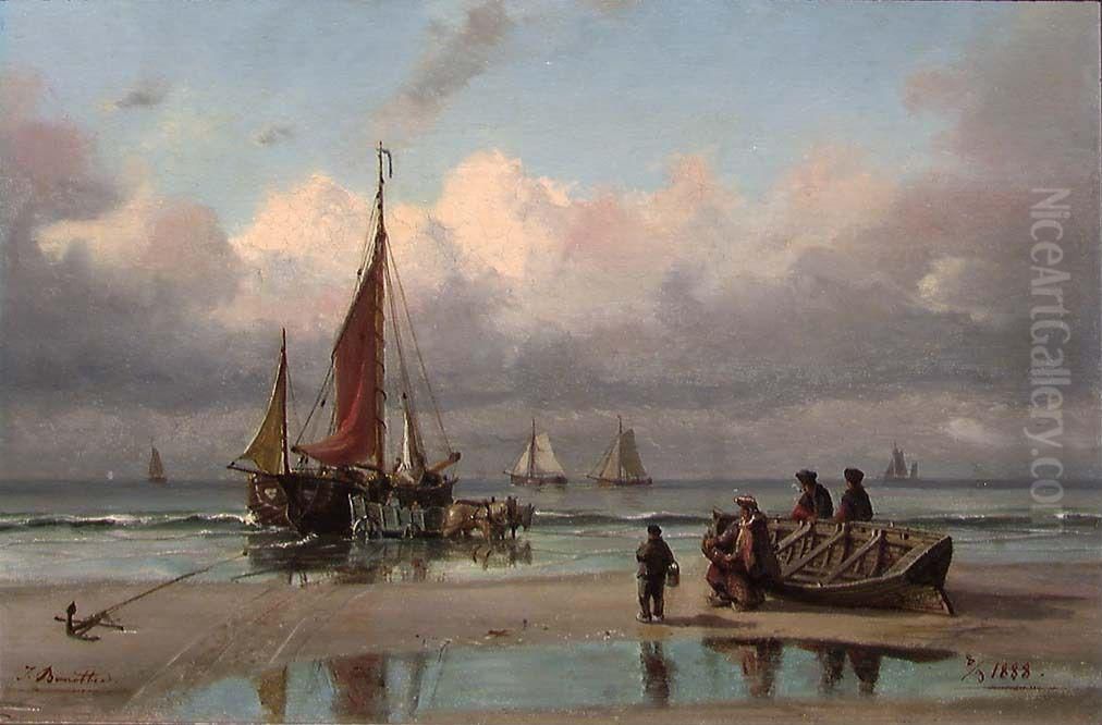 Beach with Boats Oil Painting by Johan Jacob Bennetter