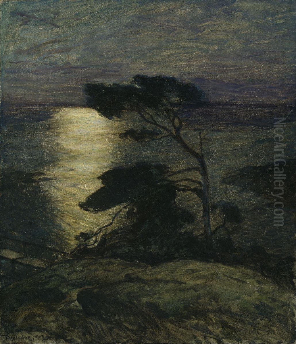 Pine Tree on the Coast in Moonlight Oil Painting by Thorolf Holmboe