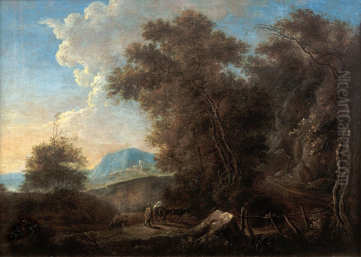 Rotsachtig landschap met reizigers en voetgangersbrug Oil Painting by Jan Both