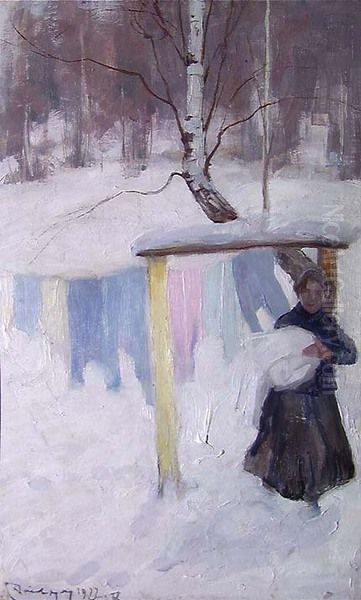 Winterlandscape with Laundry Oil Painting by Carl Dornberger