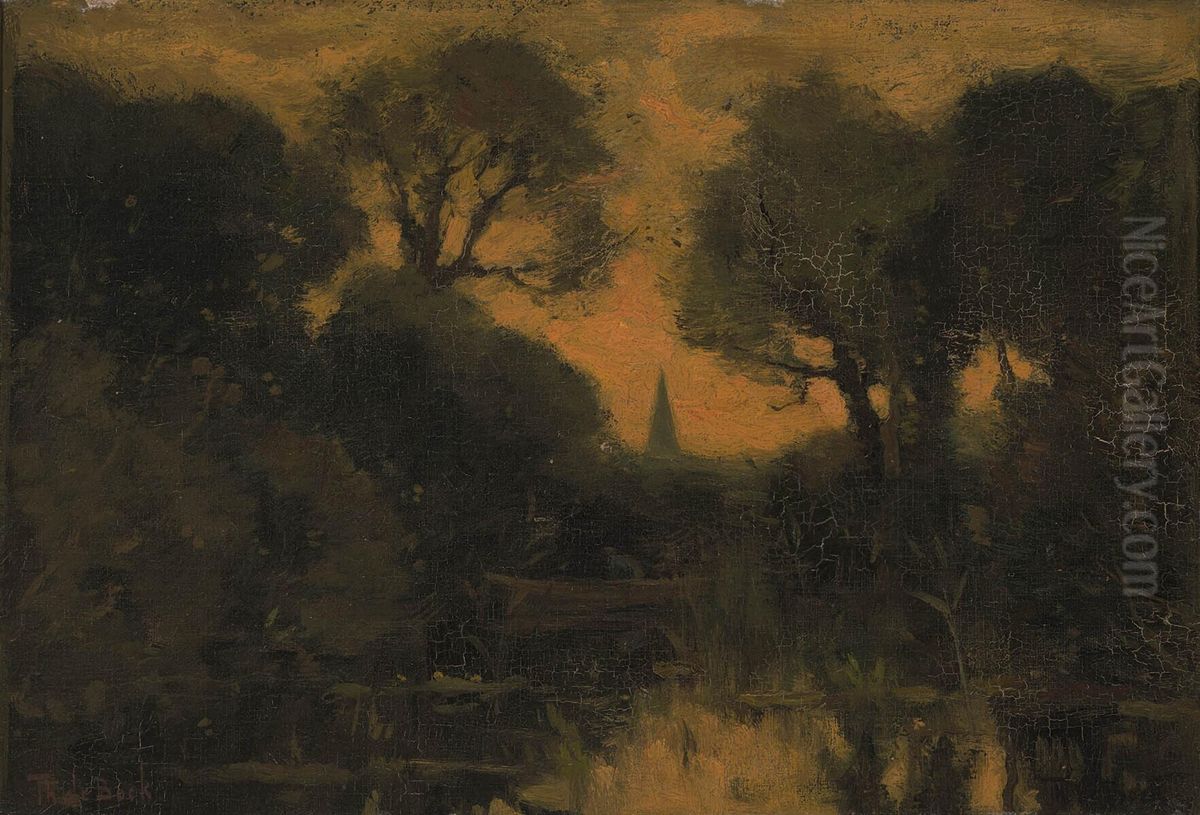 Bomen bij avond ('Zonsondergang') Oil Painting by Theophile Emile Achille De Bock