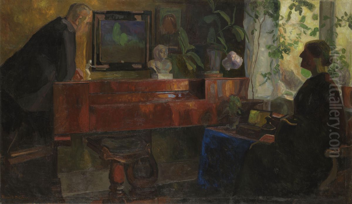 Interior with the Artists Oluf and Kris Wold-Torne Oil Painting by Thorvald Erichsen