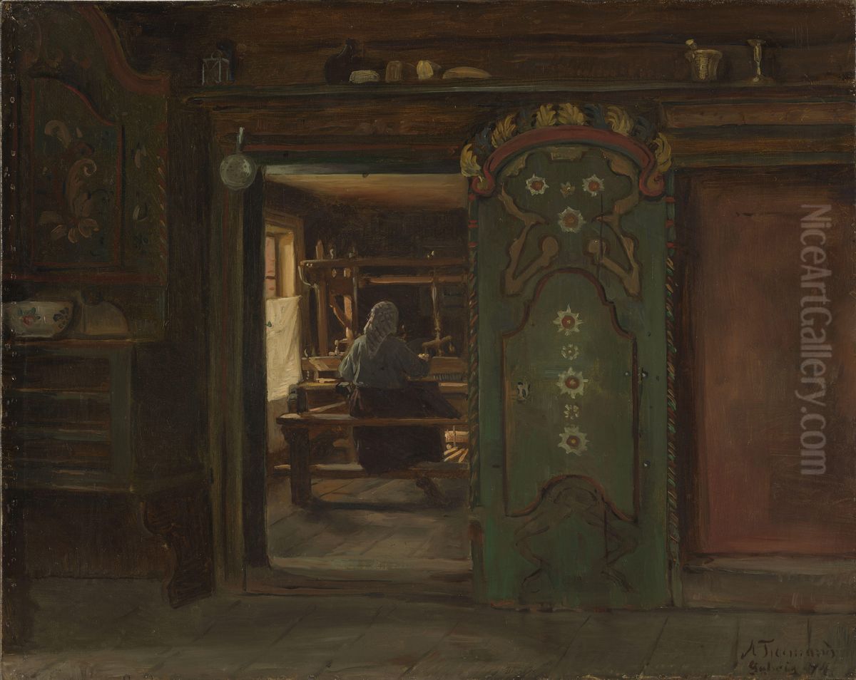 Kone ved vevstol, Gulsvik Oil Painting by Adolph Tidemand