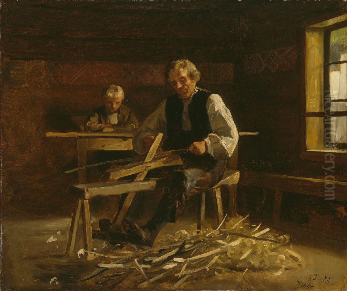 Interior from Vikoy with Farmer making Barrel Hoops Oil Painting by Adolph Tidemand