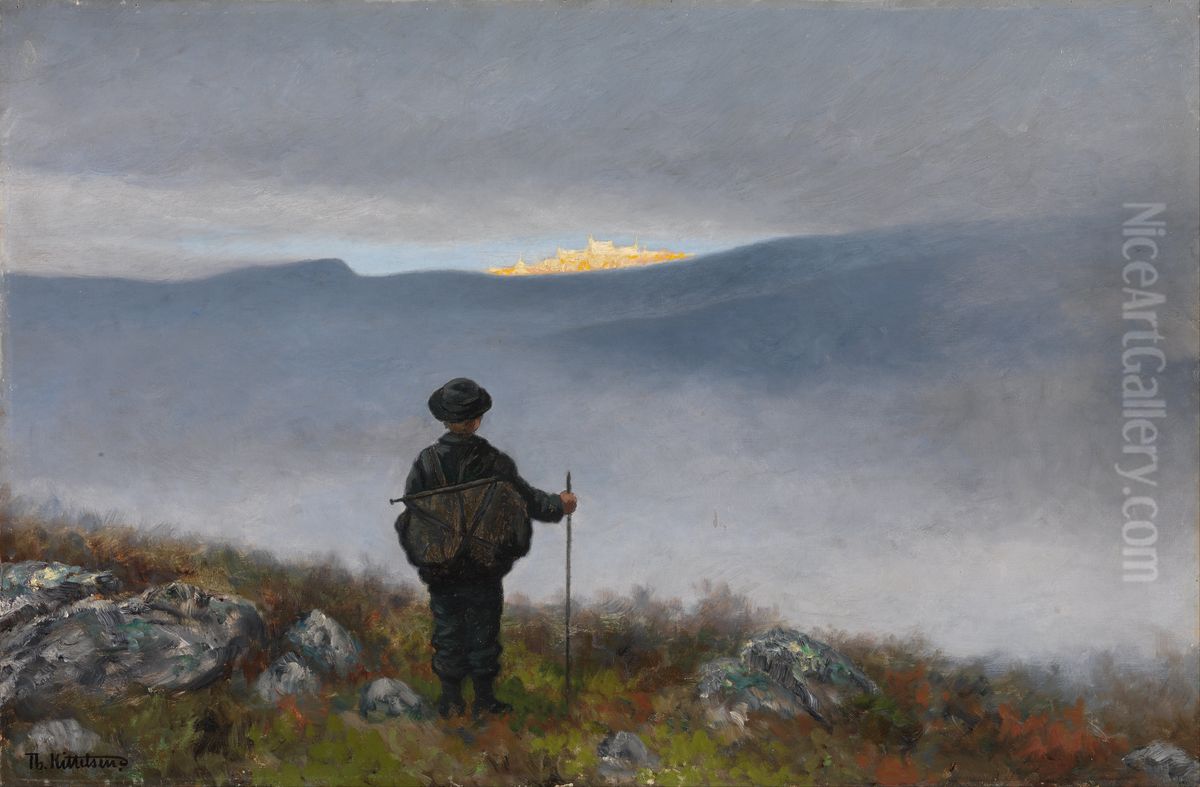 Far, far away Soria Moria Palace shimmered like Gold Oil Painting by Theodor Kittelsen