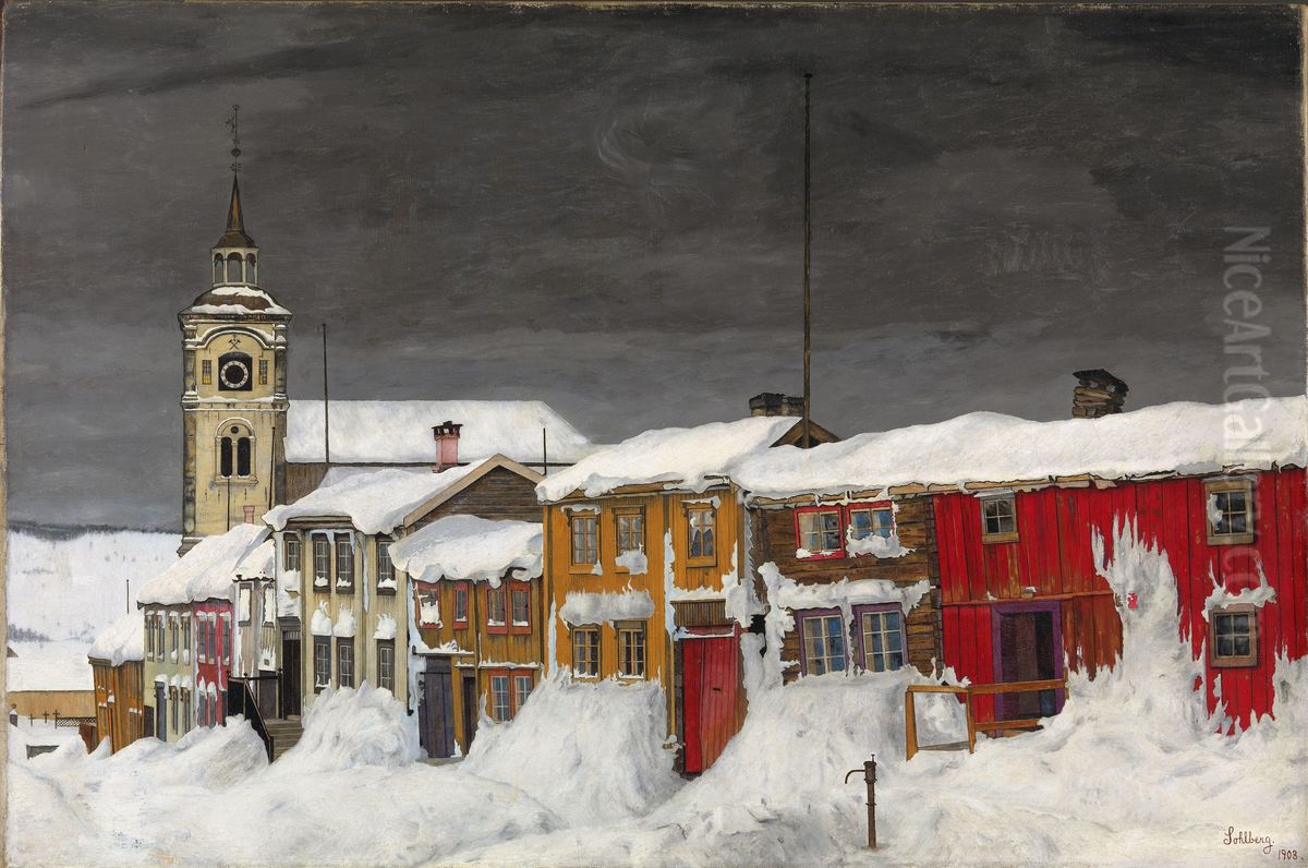 Street in Roros in Winter Oil Painting by Harald Oscar Sohlberg