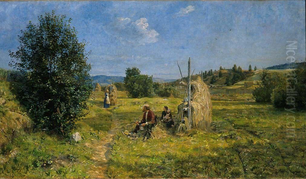 Haymaking, Vik at Stange Oil Painting by Gerhard Munthe