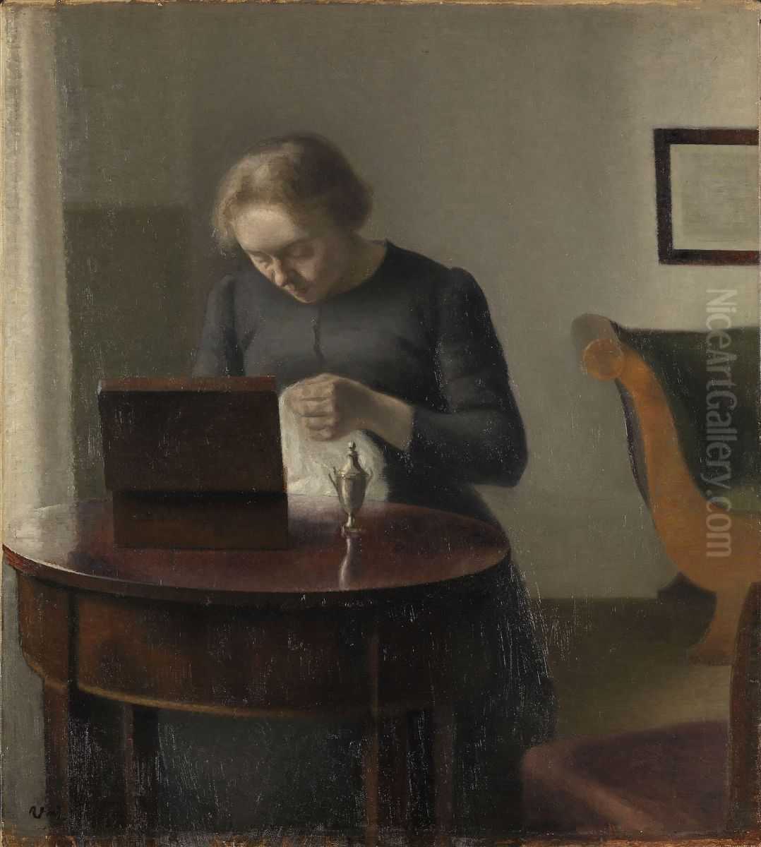 The Artist's Wife at a Sewing Table Oil Painting by Vilhelm Hammershoi