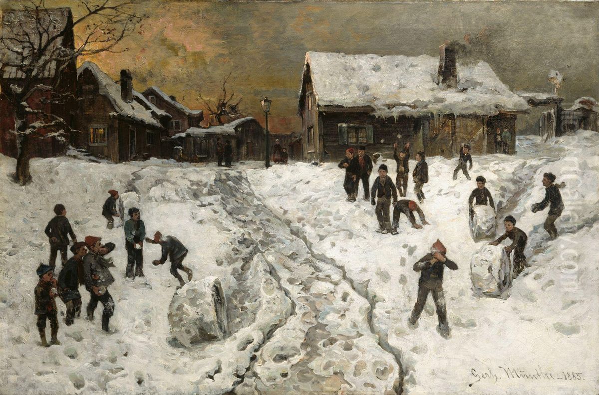 Throwing Snowballs Oil Painting by Gerhard Munthe