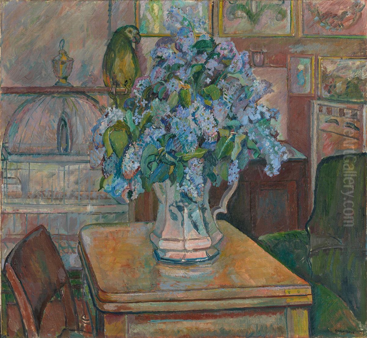 Lilacs and Parrot Oil Painting by Oluf Wold-Torne