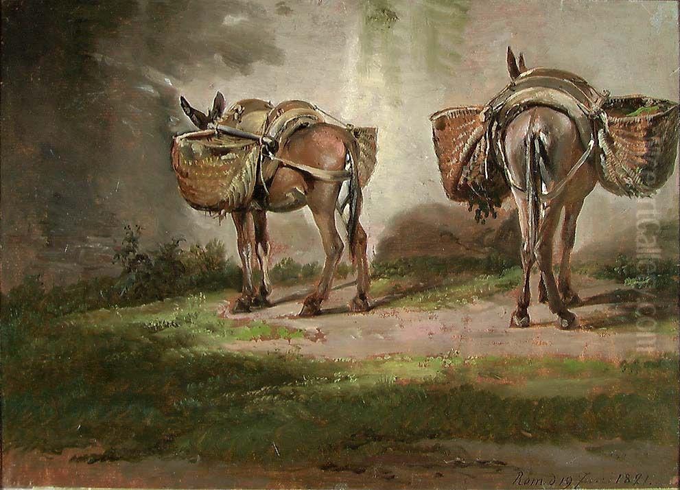 Two Donckeys with Baskets Oil Painting by Johan Wilhelm Ludwig Dahl