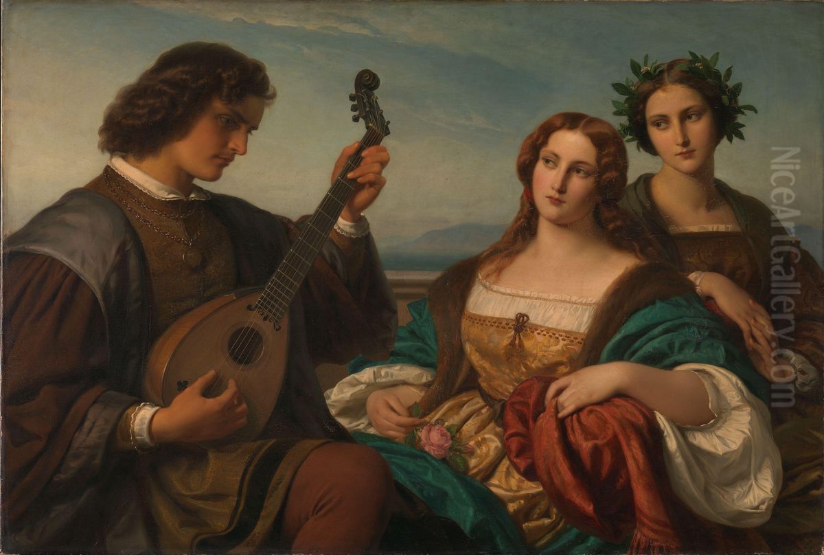 Minstrel and two listening Ladies Oil Painting by Karl Ferdinand Sohn