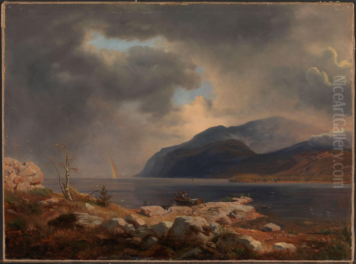 Norsk fjordlandskap med regnbue Oil Painting by Andreas Achenbach