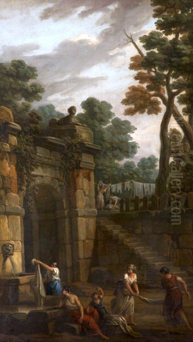 Fountain with Women Washing Clothes (a set of six decorative wall panels) Oil Painting by Antonio Zucchi