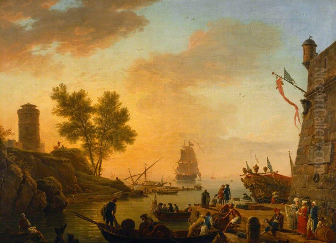 Harbour Scene with Boats being unloaded and Spectators Oil Painting by Joseph Vernet
