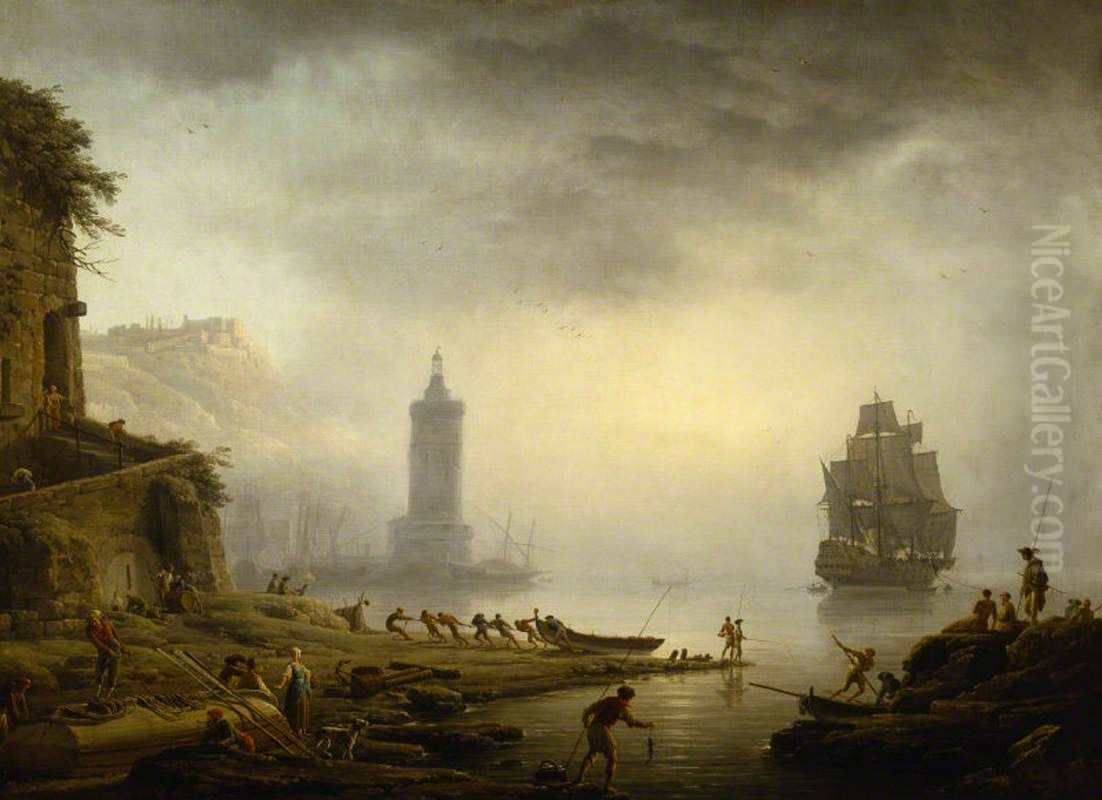 A Port in Mist - Fishermen hauling in their Boat Oil Painting by Joseph Vernet