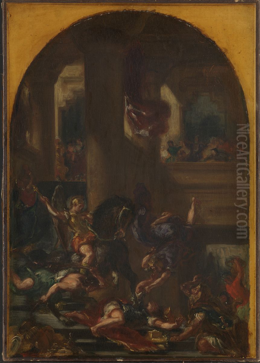 Heliodor drives ut av tempelet i Jerusalem Oil Painting by Eugene Delacroix