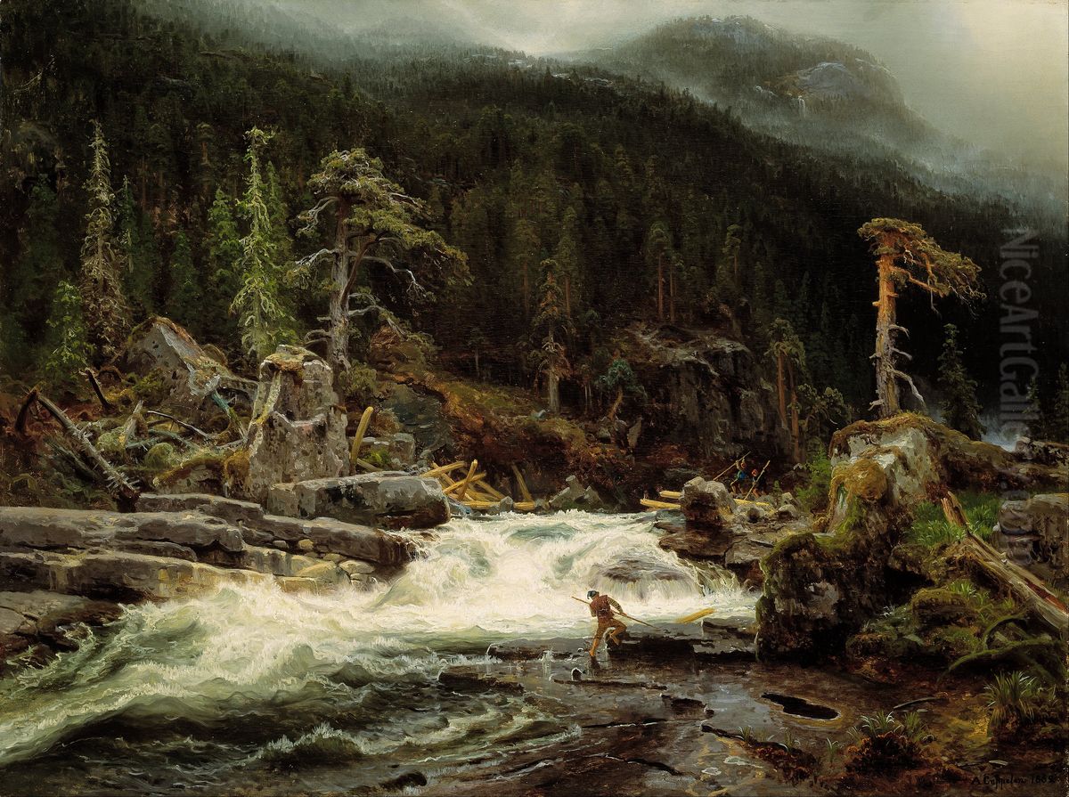 Waterfall in Telemark Oil Painting by August Cappelen