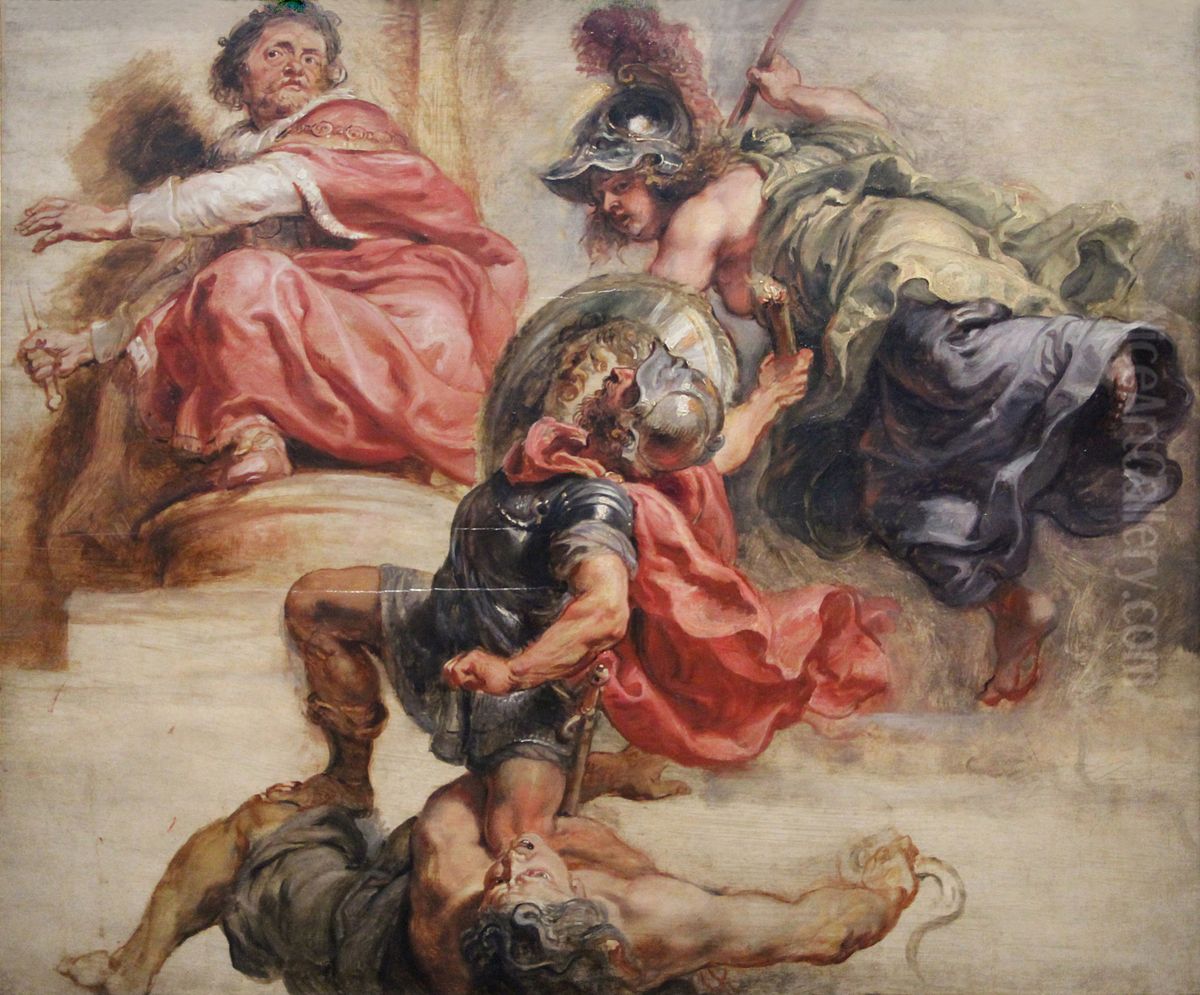 Wisdom shields the throne of James I of England from Discord Oil Painting by (studio of) Rubens, Peter Paul