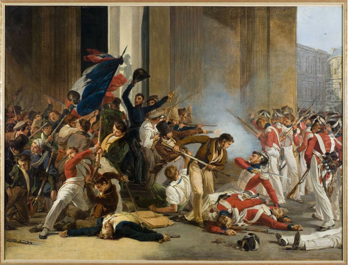 Prise du Louvre, le 29 juillet 1830 ; massacre des gardes suisses Oil Painting by Jean Louis Bezard