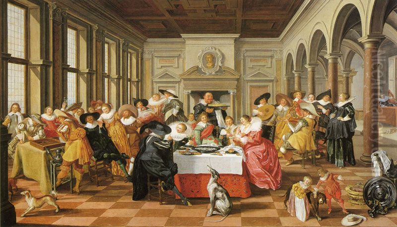 Merry Company in a Renaissance Interior Oil Painting by Dirck Hals