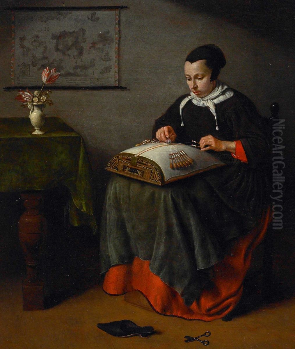 Interieur met kantklossende jonge vrouw Oil Painting by Pieter Cornelisz van Slingelandt