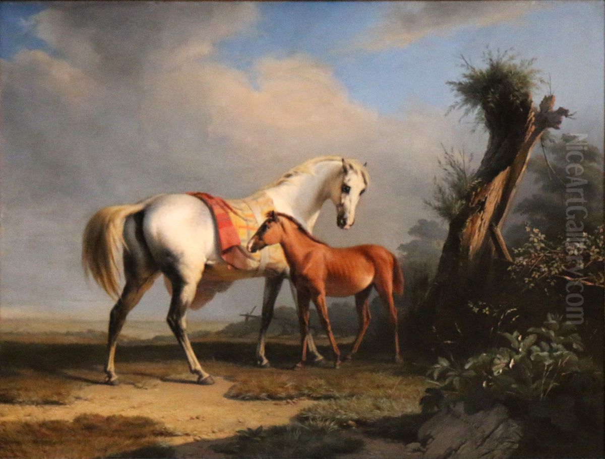 A mare and her foal Oil Painting by Charles Verlat