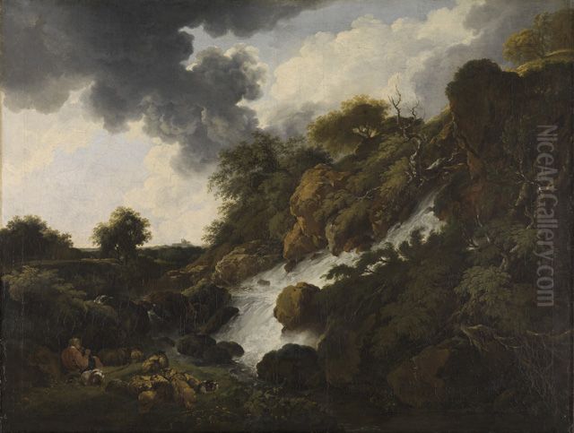 Gebirgslandschaft mit Wasserfall Oil Painting by Ferdinand Kobell