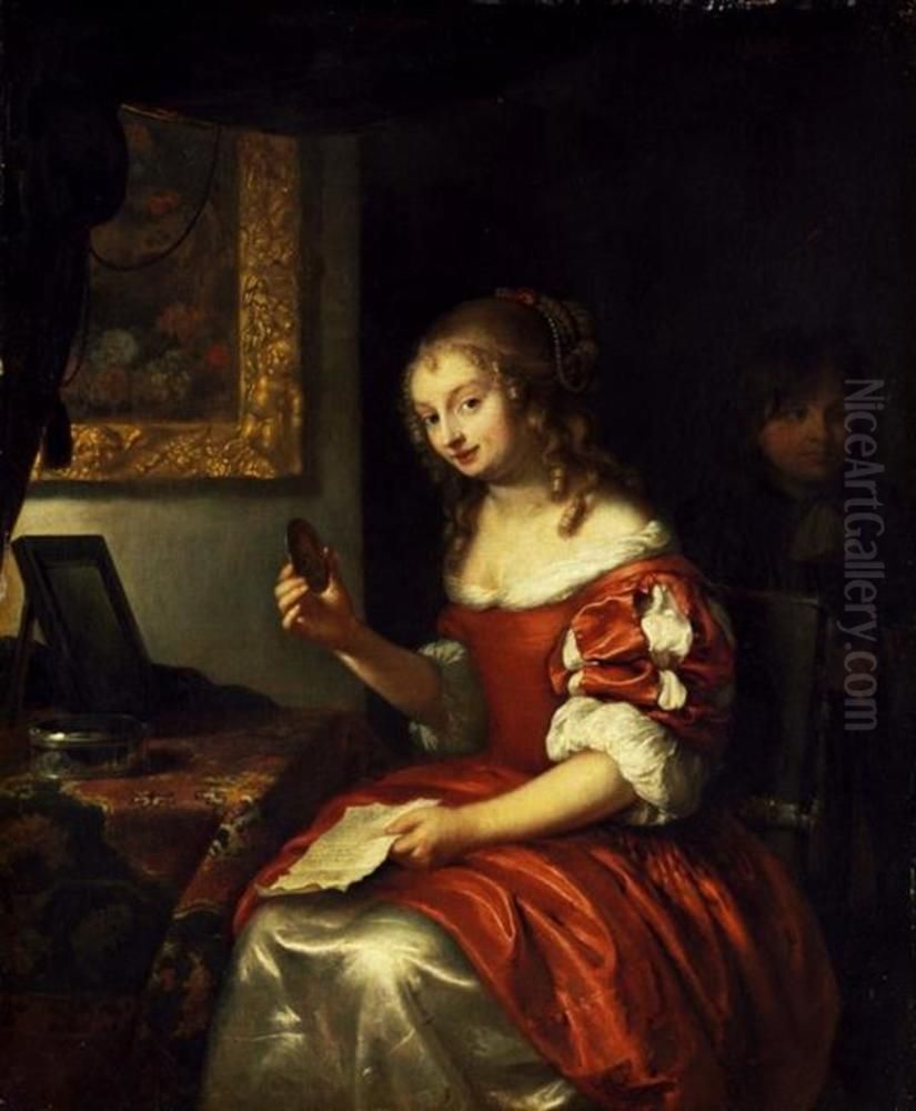Young woman with a letter and medallion Oil Painting by Caspar Netscher