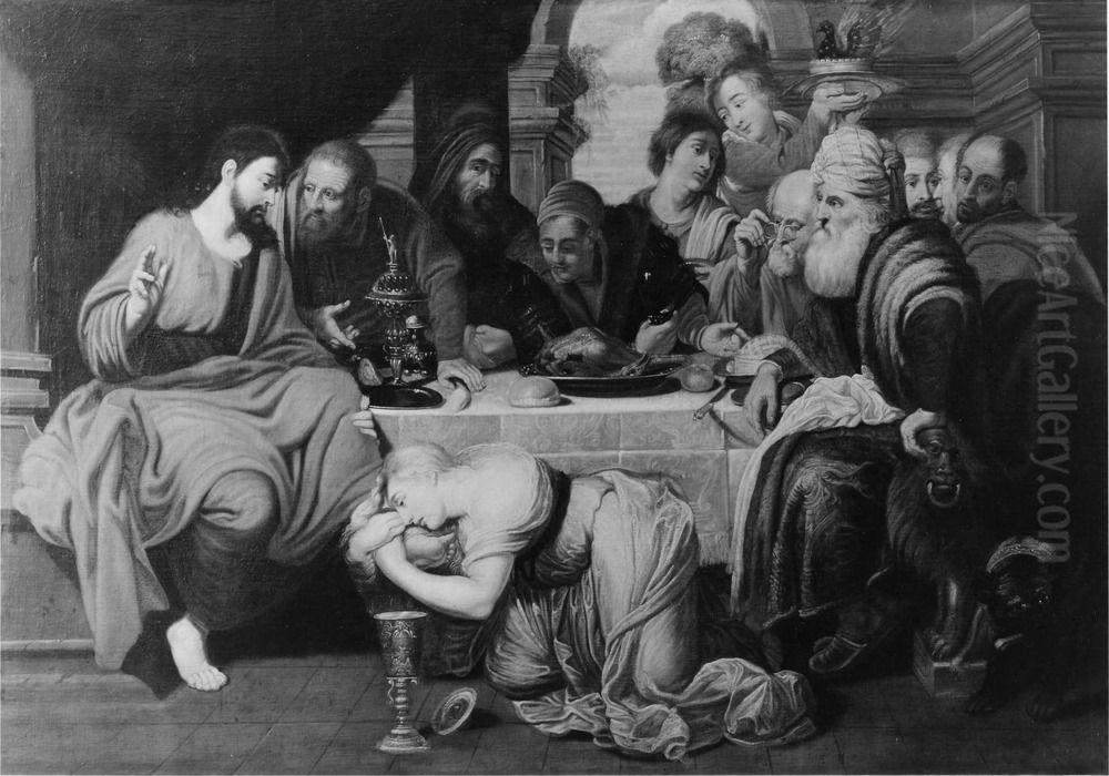 Mary Magdalene anointing Christ's feet during the meal in the house of Simon the Pharisee Oil Painting by Artus Wolffort