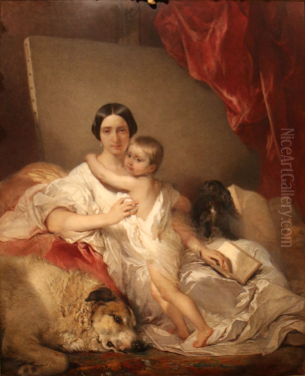 Portrait of Mrs Louis Gallait and her daughter Oil Painting by Louis Gallait