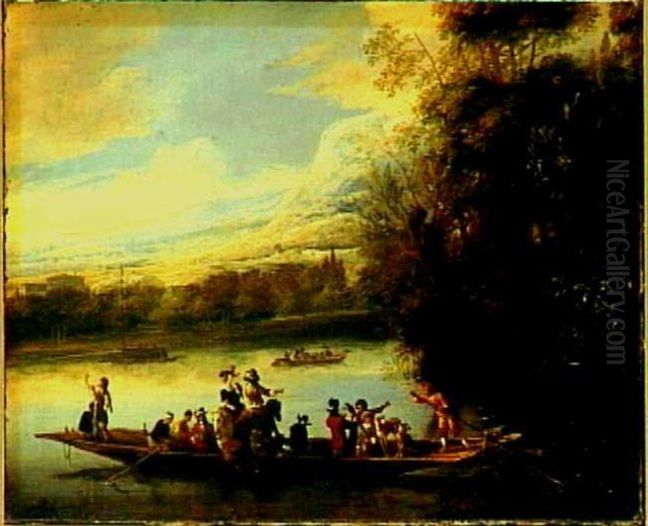 River Landscape with Hunters on a Ferry Oil Painting by Daniel Schellinks