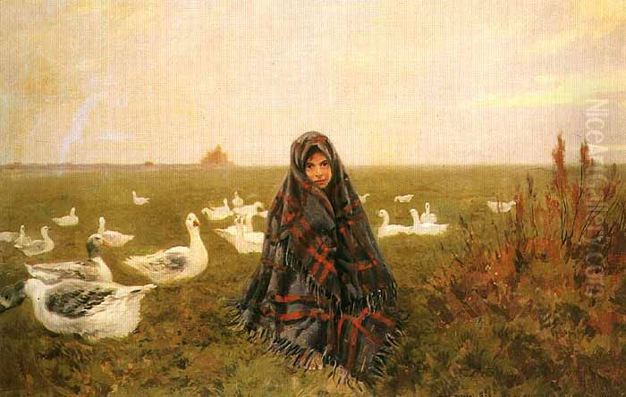 The Goose Girl Oil Painting by Jozef Rapacki