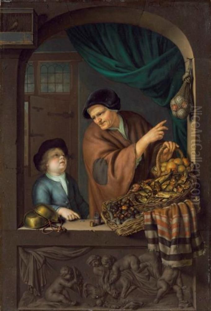 Old woman selling chestnuts and red herring Oil Painting by Frans van Mieris