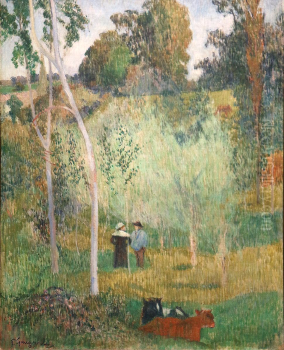Conversation in the fields. Pont-Aven Oil Painting by Paul Gauguin