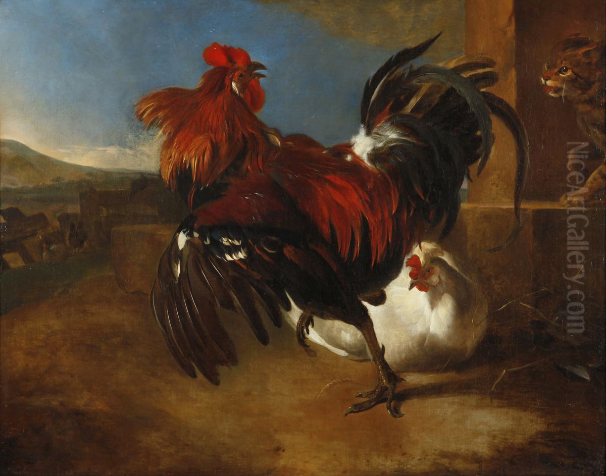 Poultry-yard with angered cock Oil Painting by Melchior D'Hondecoeter