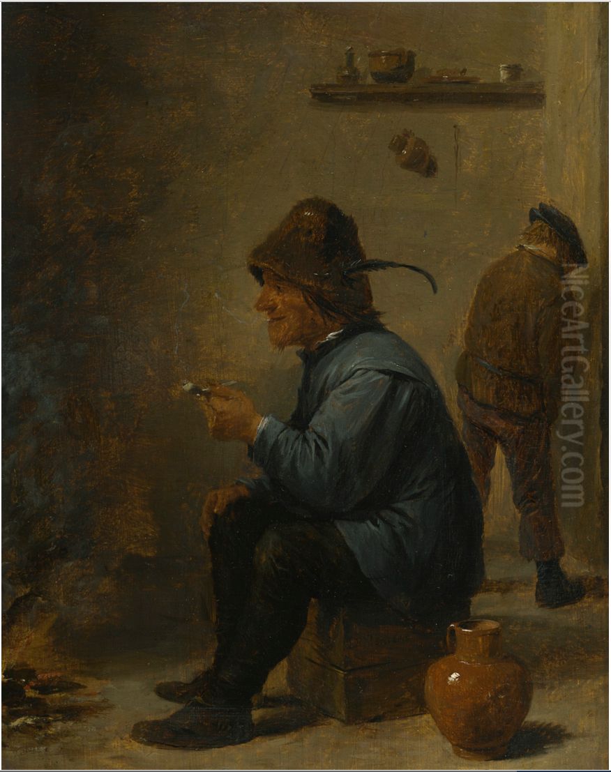 A man holding a pipe sitting before a fire in a tavern, a man peeing in the corner Oil Painting by David Teniers the Younger