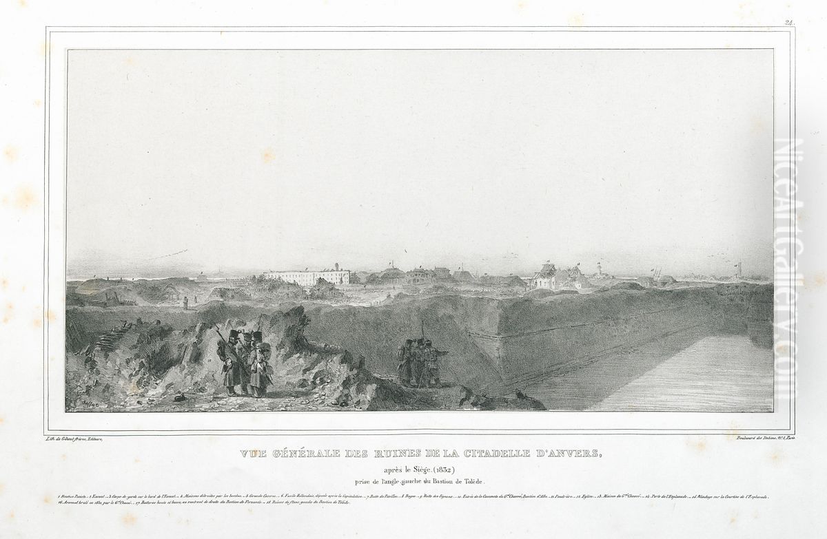 Algemeen zicht op de ruines van de citadel van Antwerpen, na het beleg van 1832 Oil Painting by Auguste Raffet