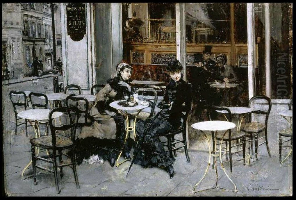 Conversation at the Cafe Oil Painting by Giovanni Boldini