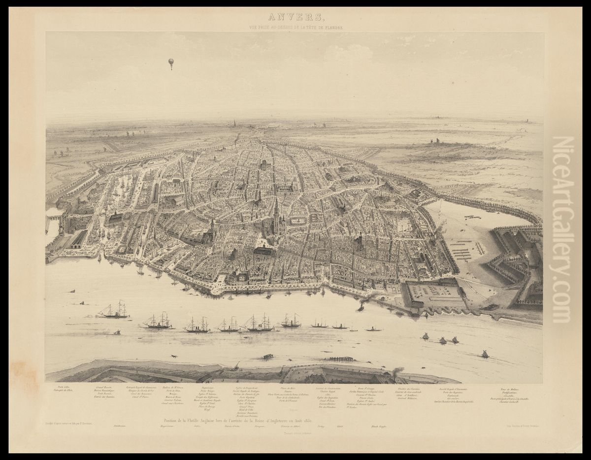 Zicht op Antwerpen met de ligging van de Engelse vloot bij de aankomst van de Koningin van Engeland in 1852 Oil Painting by Francois Stroobant