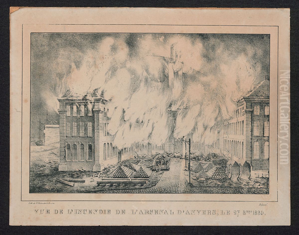 Zicht op de brand van het arsenaal van Antwerpen op 27 oktober 1830. Oil Painting by Print Room of the University of Antwerp