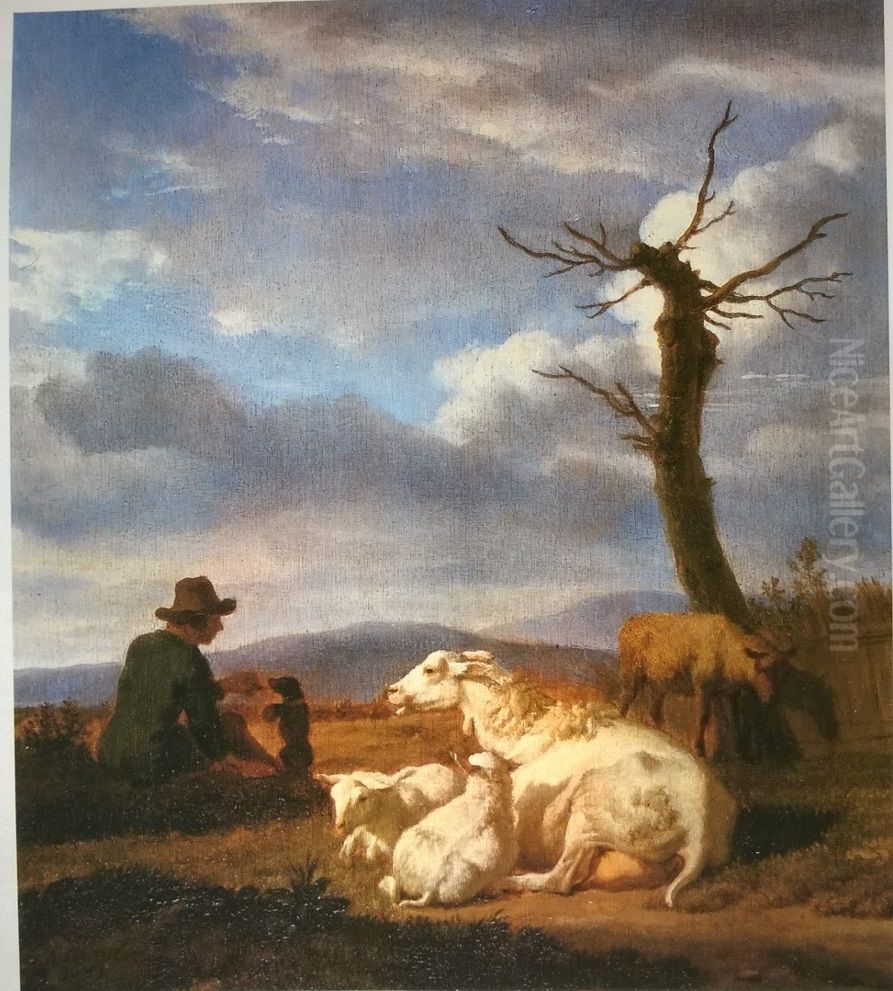 Landscape with sheep and sheperd Oil Painting by Adriaen Van De Velde