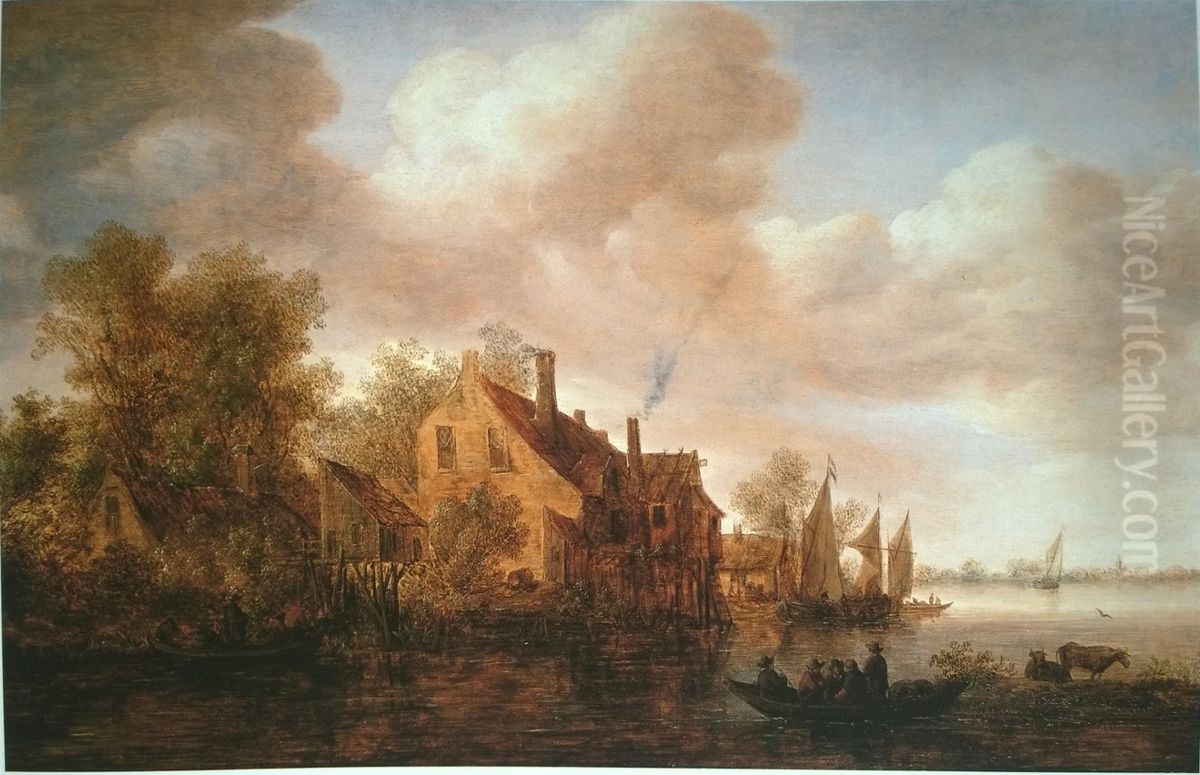 River Landscape with Houses on the Left Bank Oil Painting by Jan van Goyen