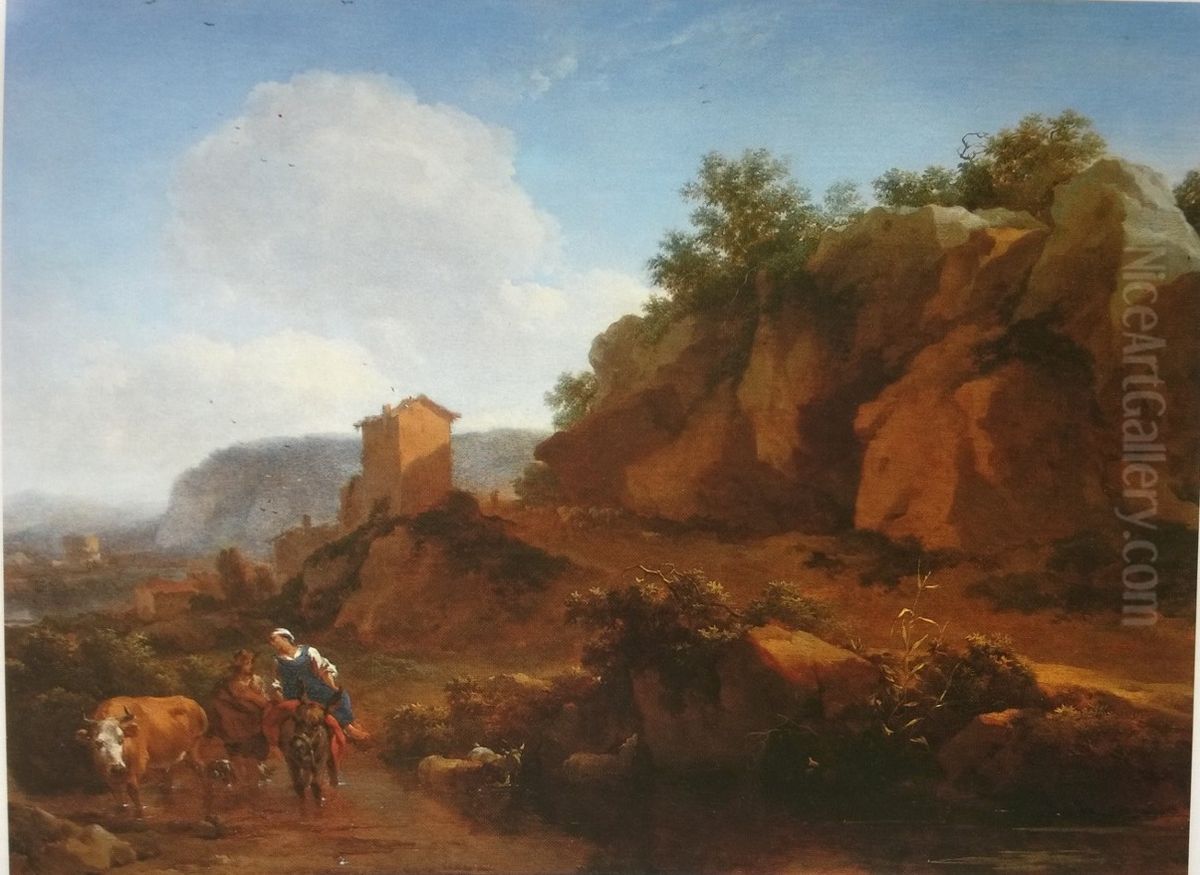 Zuidelijk landschap met boeren en vee bij een waterplaats Oil Painting by Nicolaes Pieterszoon Berchem
