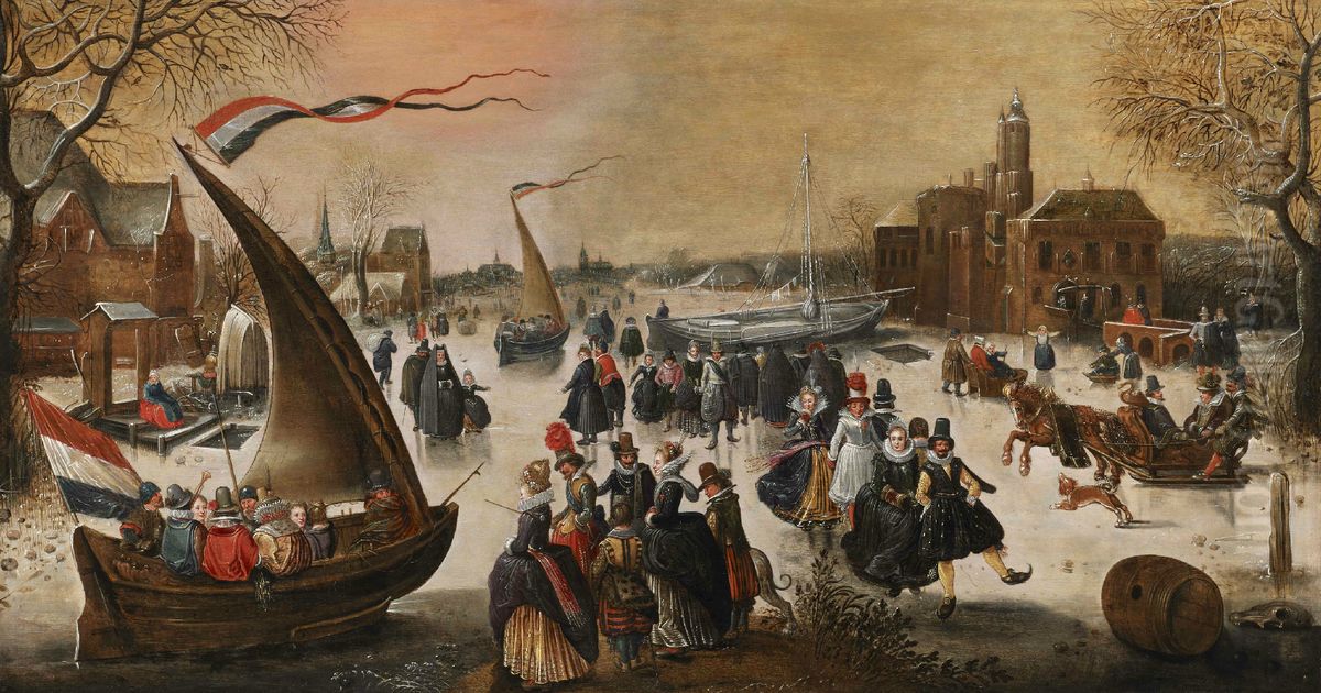Winter landscape with elegant skaters on a frozen lake, ice-breakers and a town in the distance Oil Painting by Adam van Breen