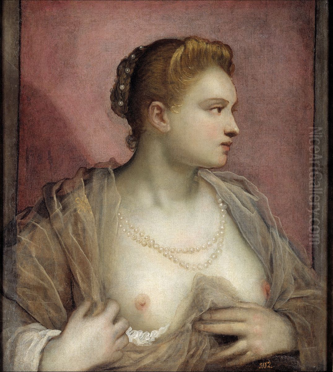 Portrait of a woman with bare breast Oil Painting by Domenico Tintoretto