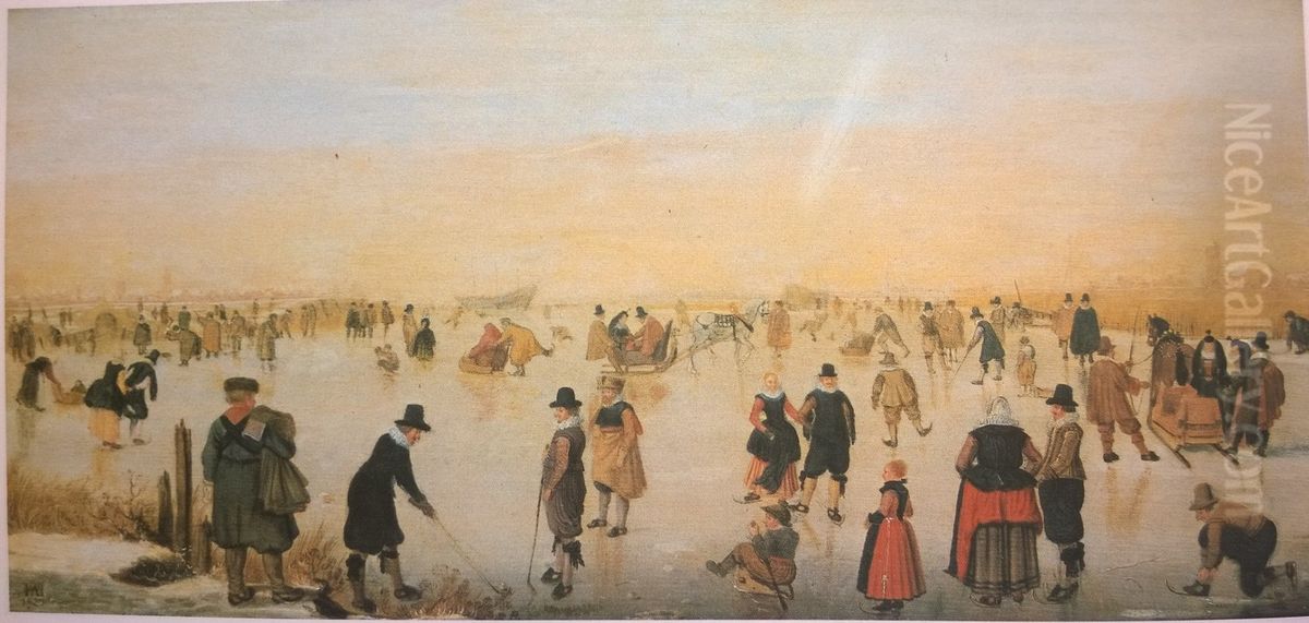 Skating on the Ice (allegedly near Kampen) Oil Painting by Hendrick Avercamp