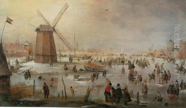 Ic skaters near a great mill near city-walls Oil Painting by Hendrick Avercamp